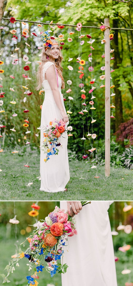 wildflower bouquet and hanging flower backdrop
