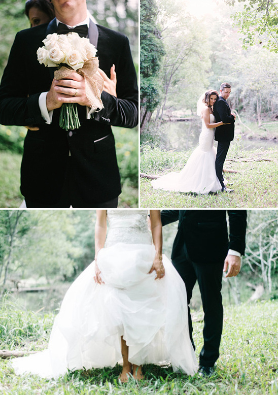 velvet suit jacket and bride with no shoes