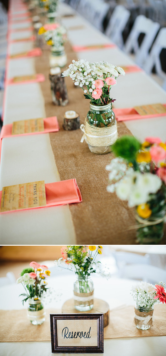 burlap table runners with mason jar centerpieces