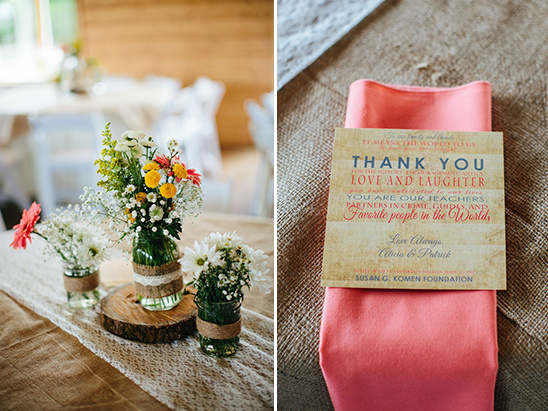 jute and lace wrapped centerpieces and thank you notes for each guest