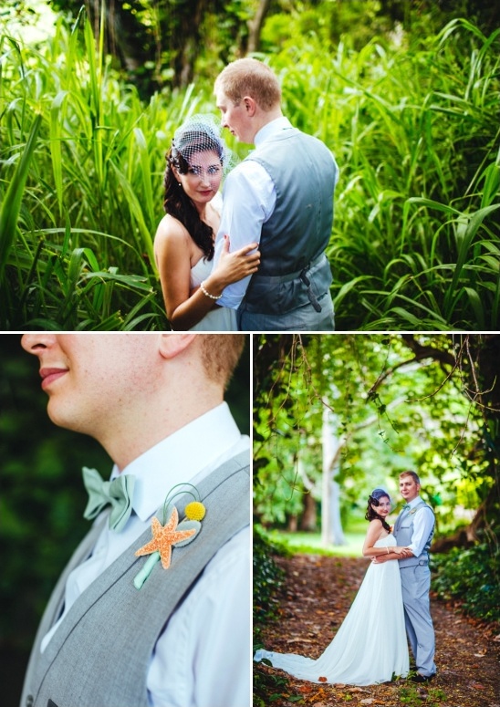 teal and grey groom with star fish boutonniere