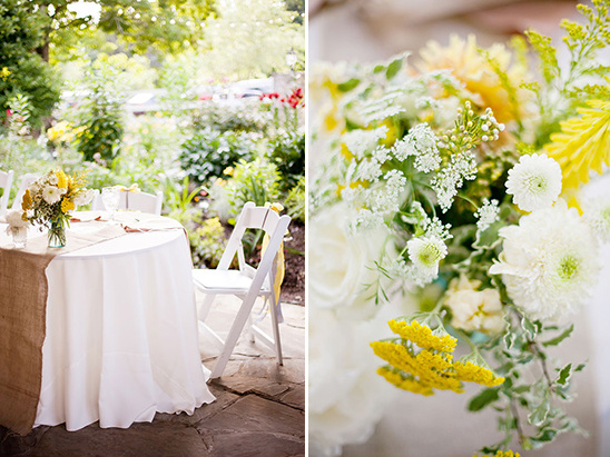 yellow and white floral centerpiecespastel and burlap reception