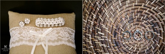 Wedding jewelry on a burlap ring pillow and woven mat