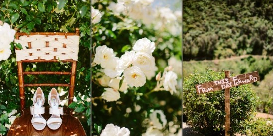 Elegant wedding day details white shoes roses sign