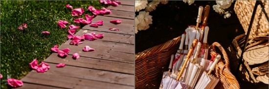 Pink petals on path wedding umbrellas and baskets decor