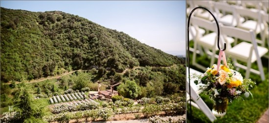Outdoor wedding venue with floral decor and mountain view