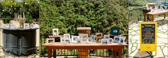 Outdoor wedding decorations with menu and photo frames