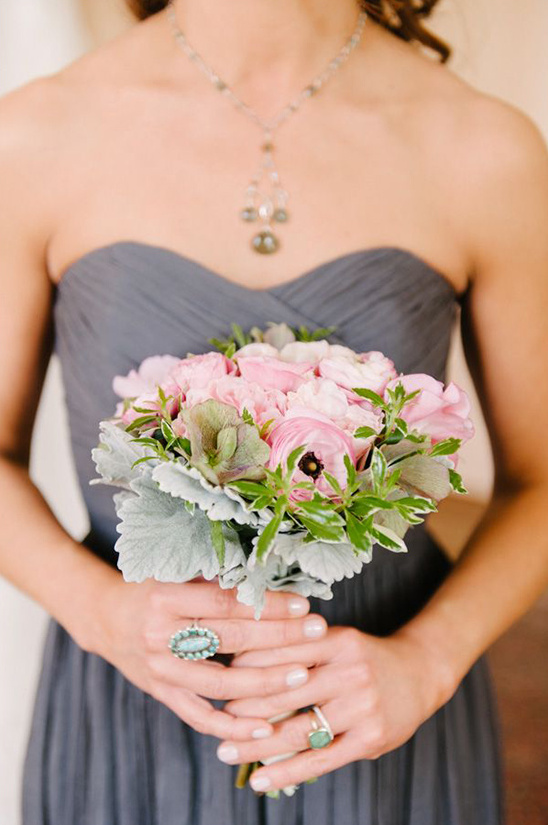 grey bridesmaid dress and pink bouquet
