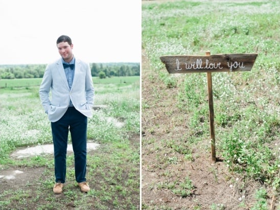 blue and tan groom look with rustic wooden wedding sign