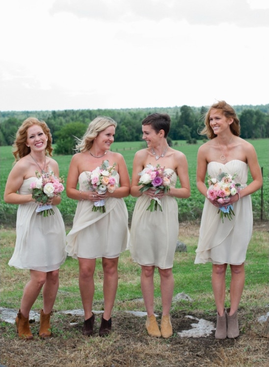 cream bridesmaid dresses with leather booties