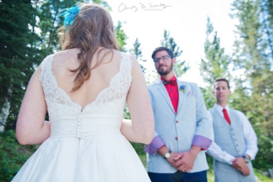 Bride at wedding ceremony with groom waiting anxiously