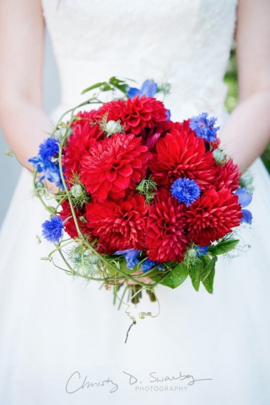 Bride holding red dahlia and blue cornflower wedding bouquet
