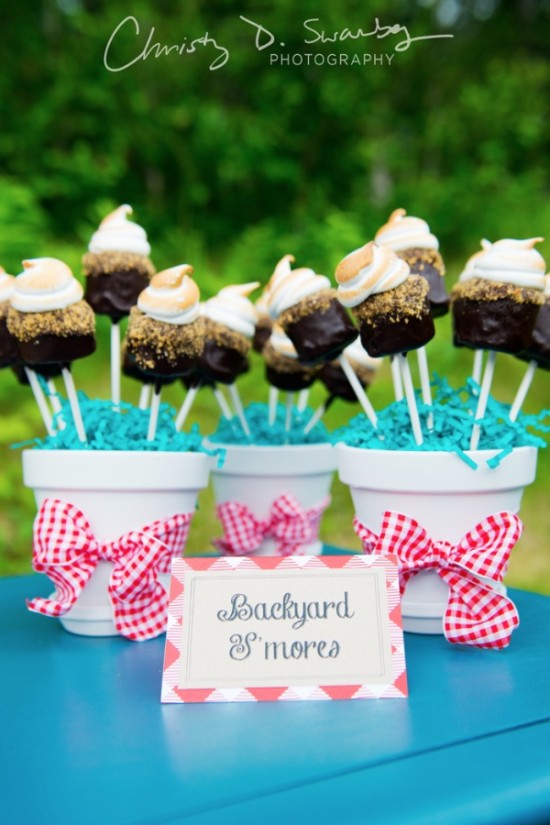 Backyard Smores Pops in Pots for Outdoor Party Dessert Table