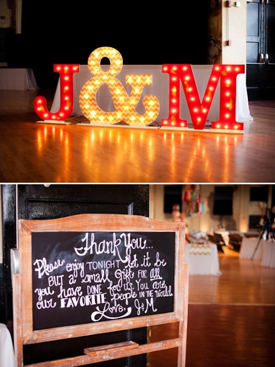 light up initials and thank you chalkboard sign
