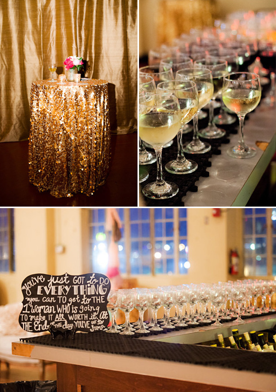 sequin drapped cocktail tables and chalkboard bar sign