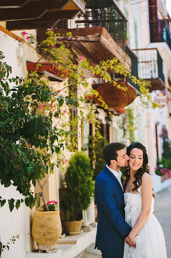 Bride and groom in a romantic European village setting