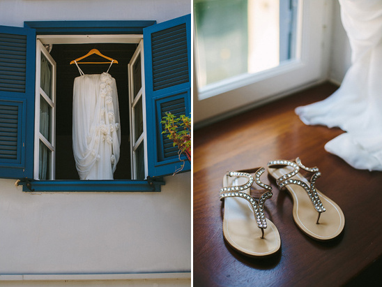 Greek island wedding details dress sandals blue shutters