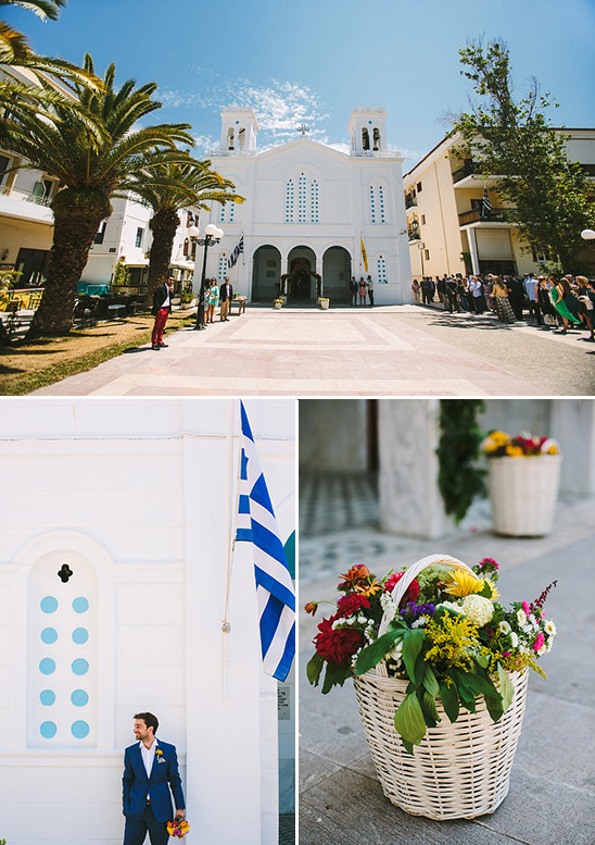 Greek wedding celebration at a white church with flowers