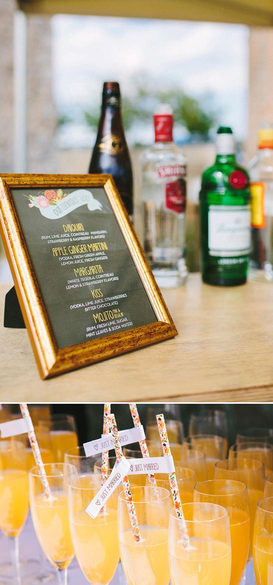 Wedding cocktail bar menu and champagne flutes drinks