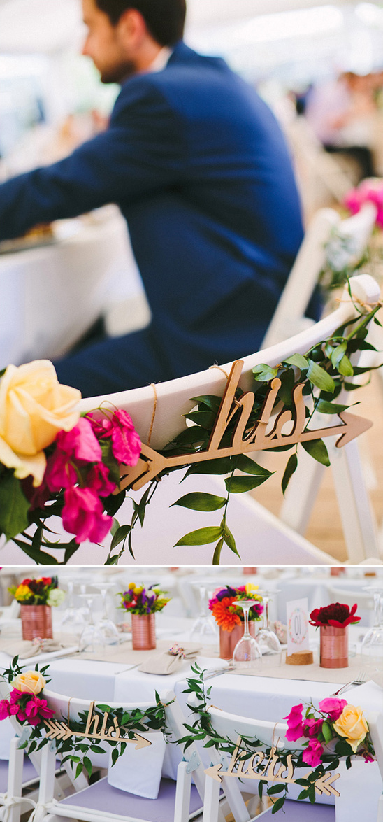 Wedding chair decoration with HIS arrow and flowers