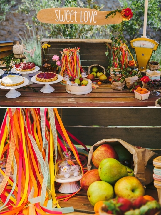 Whimsical dessert table with fruit and Sweet Love sign
