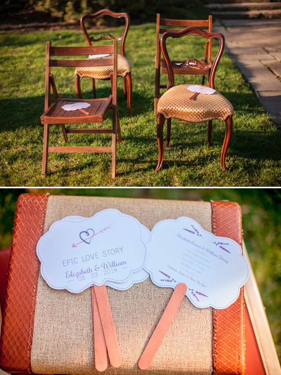 mix and matched wedding chairs and cute program fans