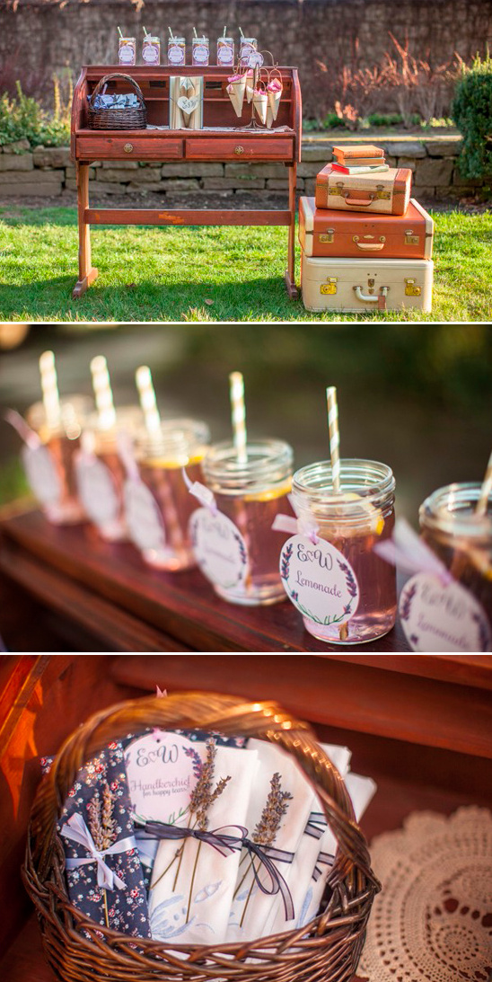 ceremony welcome table with lemonade and handkercheifs