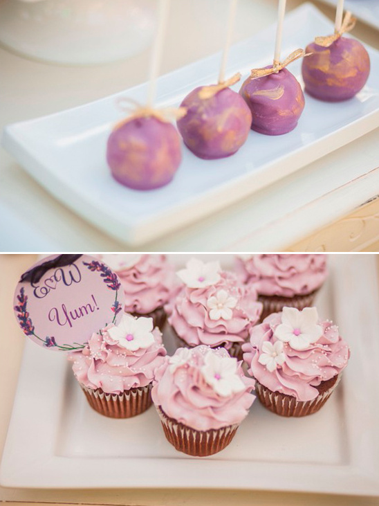 yum cupcakes and purple and gold cake pops