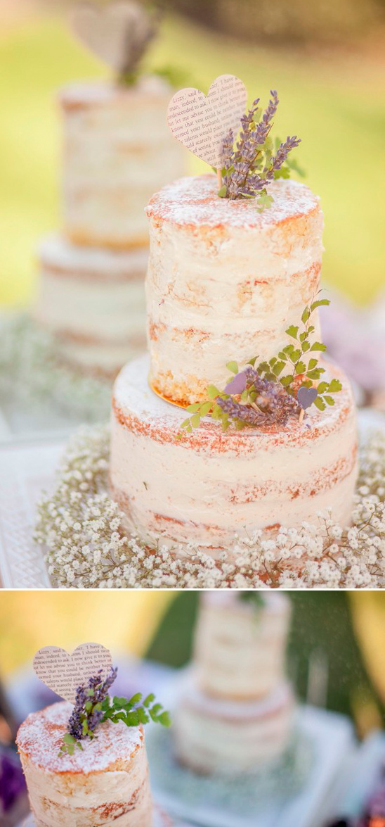 lavender and book page heart topped naked cake