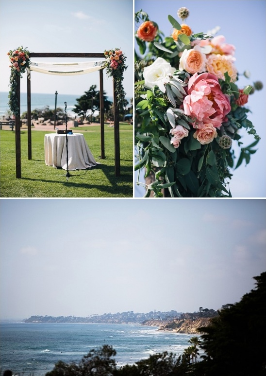 floral accented chuppah with an ocean view