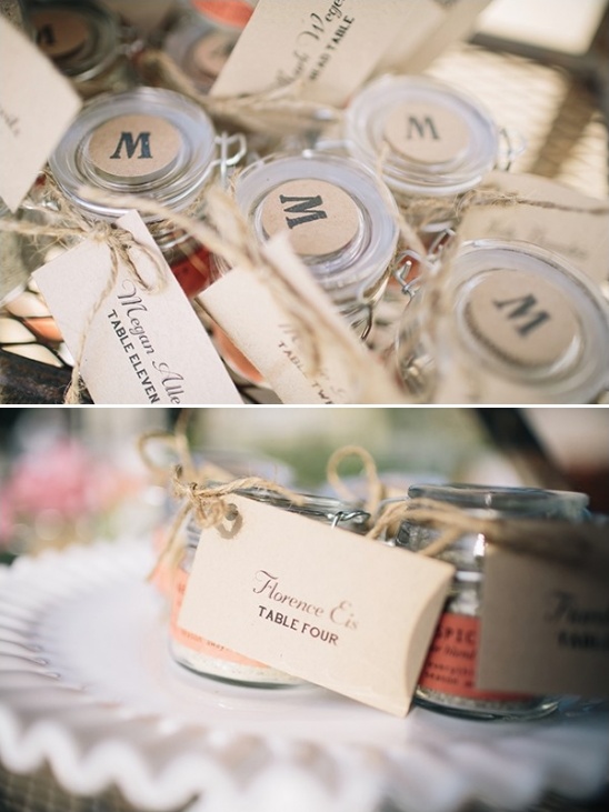 monogrammed wedding favors tied with escort cards