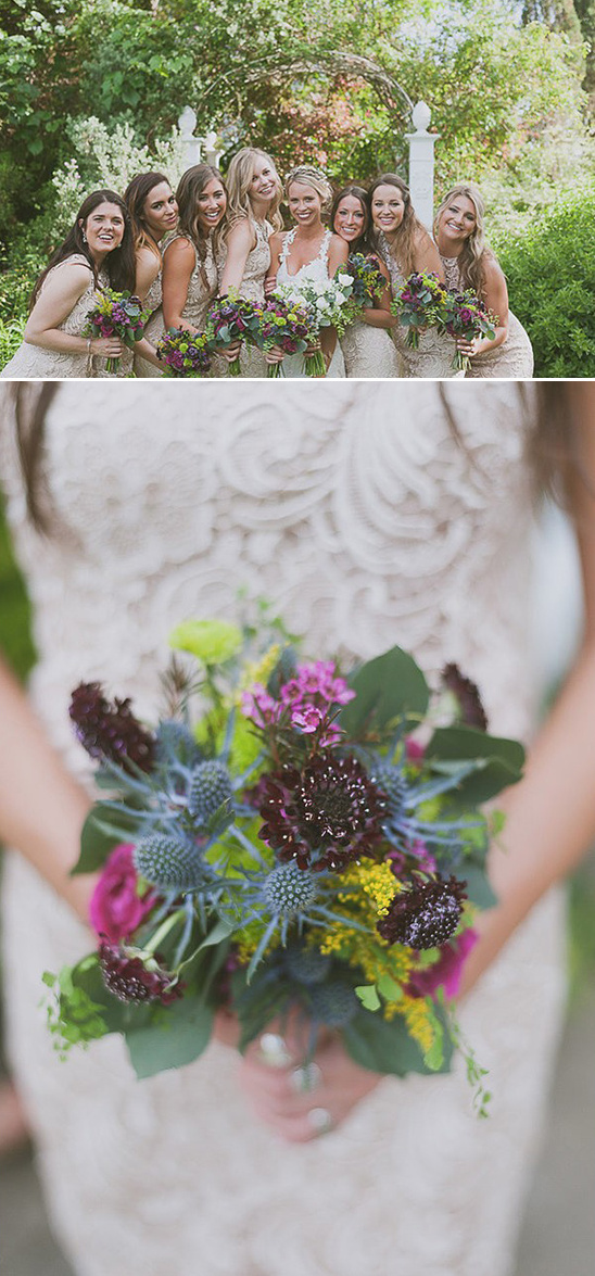 lacey bridesmaid dresses with purple pink and yellow bouquets