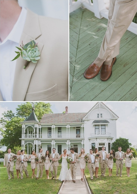 tan suit and succulent boutonniere groom look
