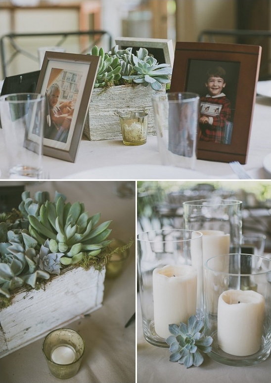 baby pictures displayed at each table with succulent flower boxes and candles