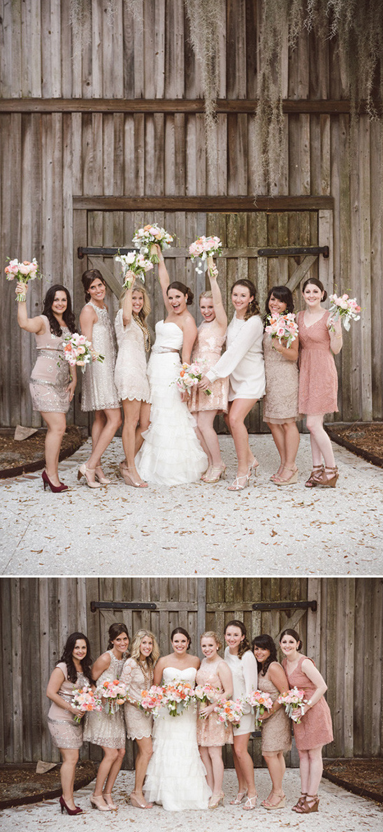 cream and pink bridesmaids dresses