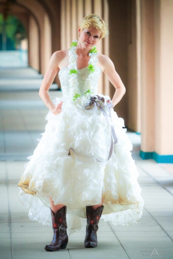 Breezy Hair, Wedding Dress Ruffles and Cowboy Boots