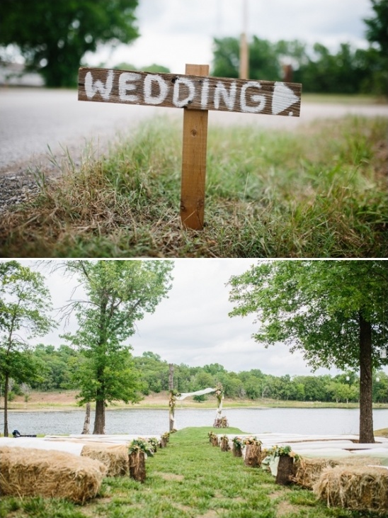 outdoor wedding ceremony with hay bale seats