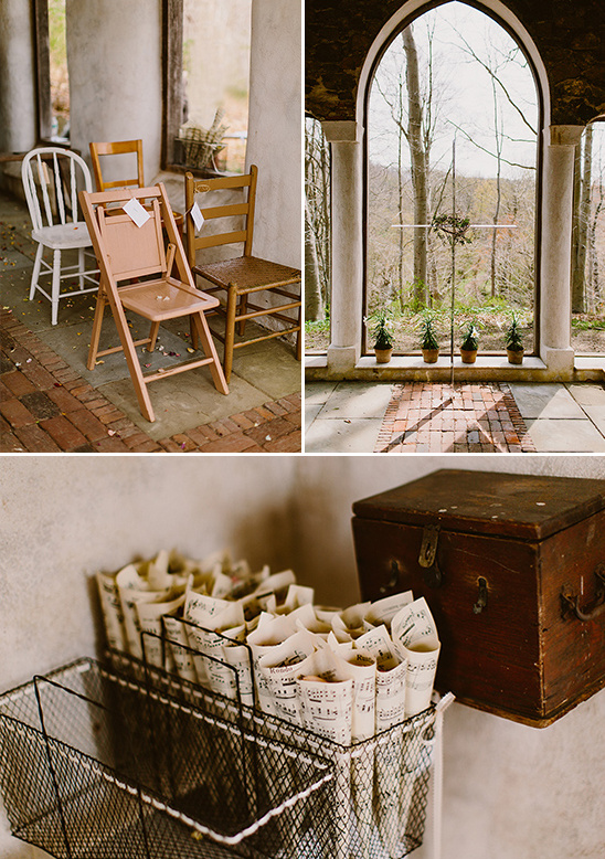 Rustic wedding decor with chairs and musical confetti