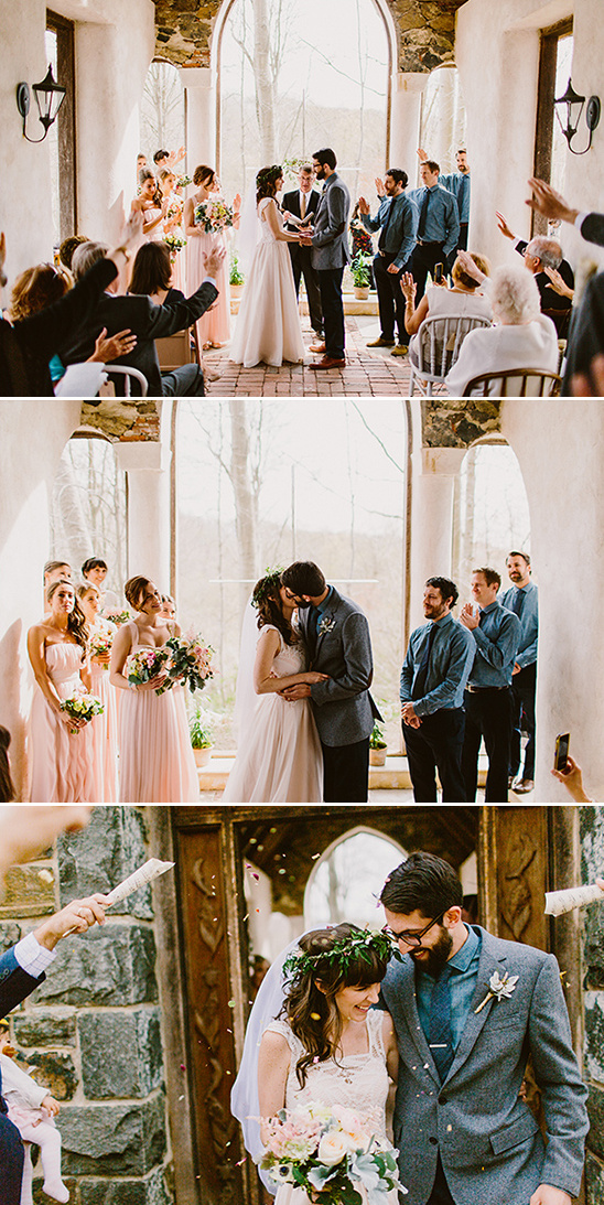 Bride and groom celebrate wedding in chapel with guests
