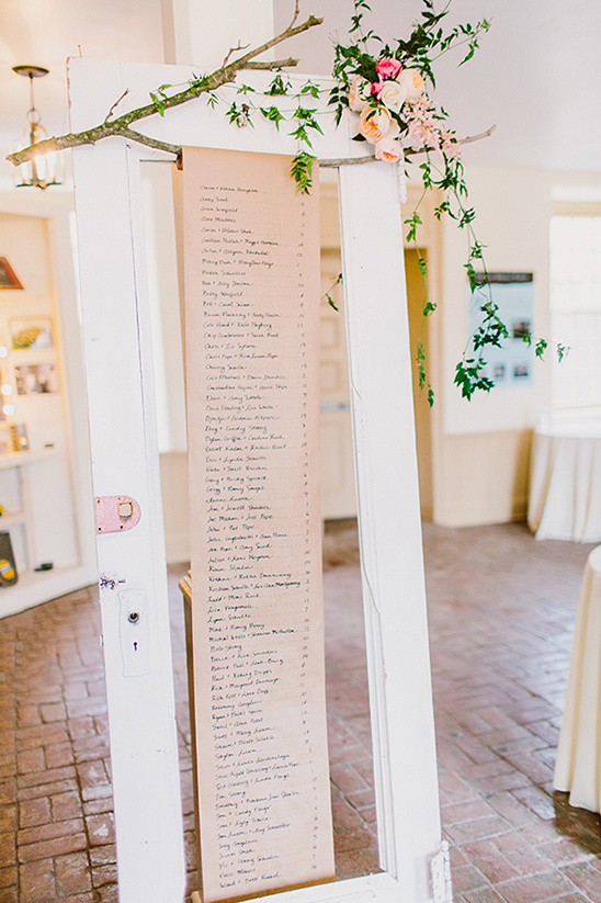 Rustic wedding seating chart in a door frame with florals