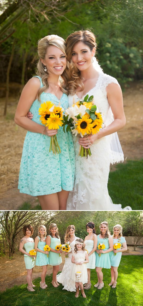 mint green bridesmaids with sunflowers