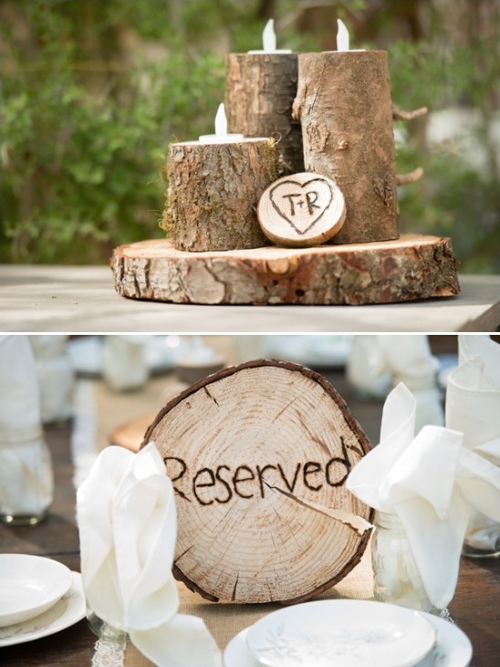 woodsy themed centerpieces and reserved sign