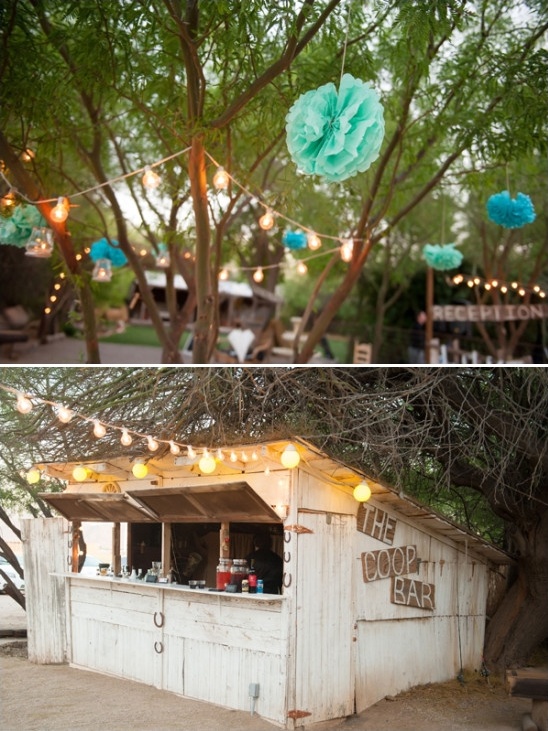 paper pom poms and chicken coop bar