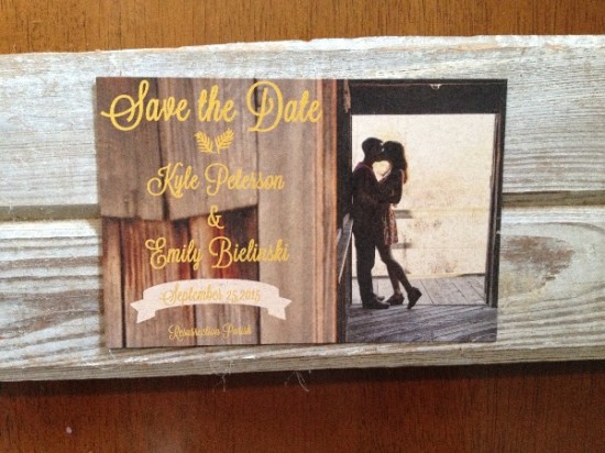 Rustic wedding save the date card for Kyle and Emily