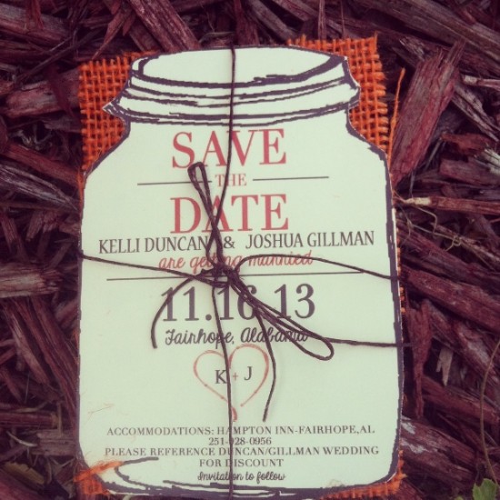 Kelli and Joshua's mason jar save the date card