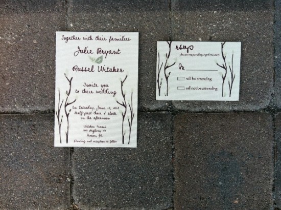 Rustic Julie and Russel's wedding invitation and RSVP card