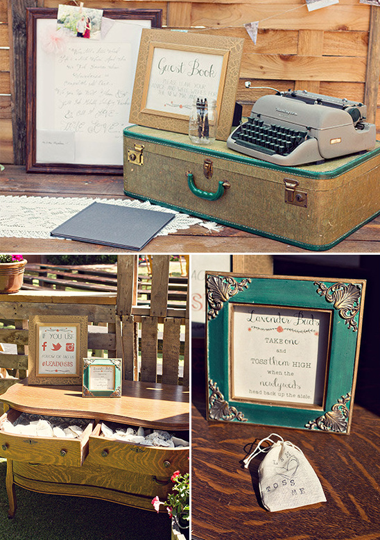 Rustic wedding decor guest book and lavender favors