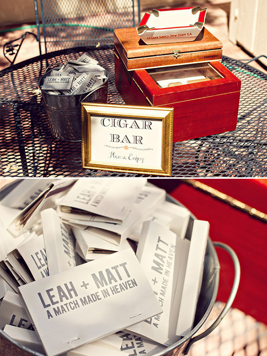 Cigar bar with personalized matchbooks for Leah and Matt