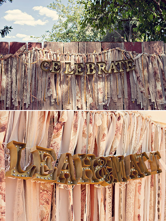 Rustic wedding backdrop with Celebrate sign letters