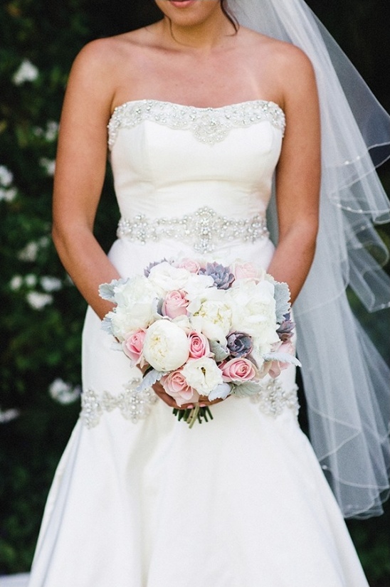 pink white and purple bouquet and Jason Alexander wedding dress